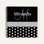 Zwart Wit Grijs Monogram Script Polka Dots Notitieboek (Voorkant)