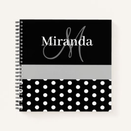 Zwart Wit Grijs Monogram Script Polka Dots Notitieboek
