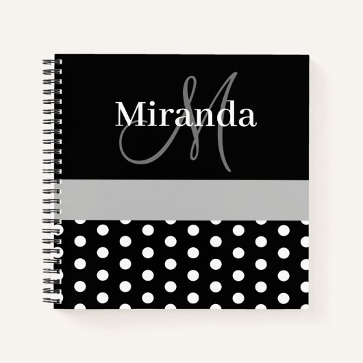 Zwart Wit Grijs Monogram Script Polka Dots Notitieboek (Voorkant)