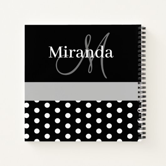 Zwart Wit Grijs Monogram Script Polka Dots Notitieboek (Achterkant)