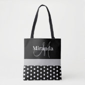 Zwart Wit Grijs Monogram Script Polka Dots Tote Bag (Voorkant)