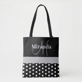Zwart Wit Grijs Monogram Script Polka Dots Tote Bag