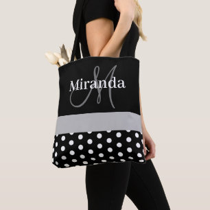 Zwart Wit Grijs Monogram Script Polka Dots Tote Bag