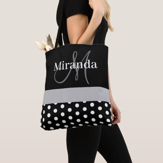 Zwart Wit Grijs Monogram Script Polka Dots Tote Bag (Dichtbij)