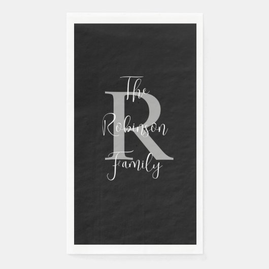 Zwart Wit Grijs Naam Monogram Papier Gastendoek Servet (Voorkant)