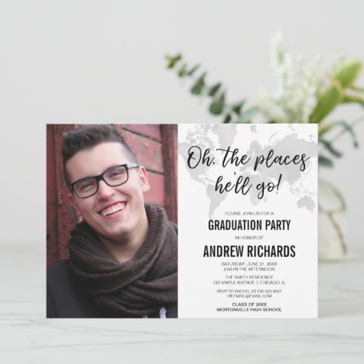 Zwart wit grijs reisthema afstuderen foto kaart (Staand voorkant)