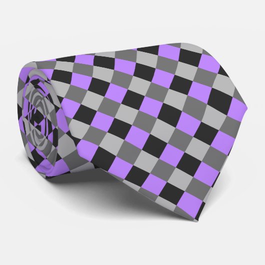 Zwart Wit Grijs Violet Checkerboard Stropdas (Opgerold)
