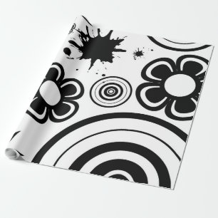 Zwart-wit grillige bloemen, cirkels, spatten cadeaupapier