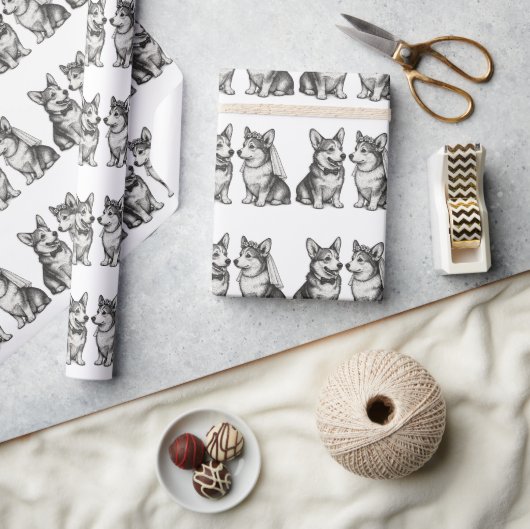 Zwart-wit grillige Corgi bruiloft Cadeaupapier (Crafts)