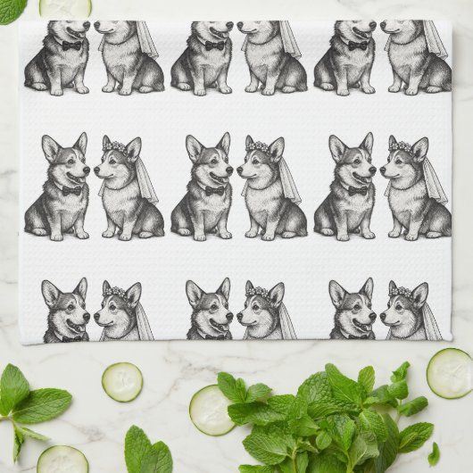 Zwart-wit  grillige Corgi bruiloft Theedoek (Gevouwen)