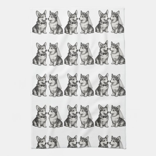 Zwart-wit  grillige Corgi bruiloft Theedoek (Verticaal)