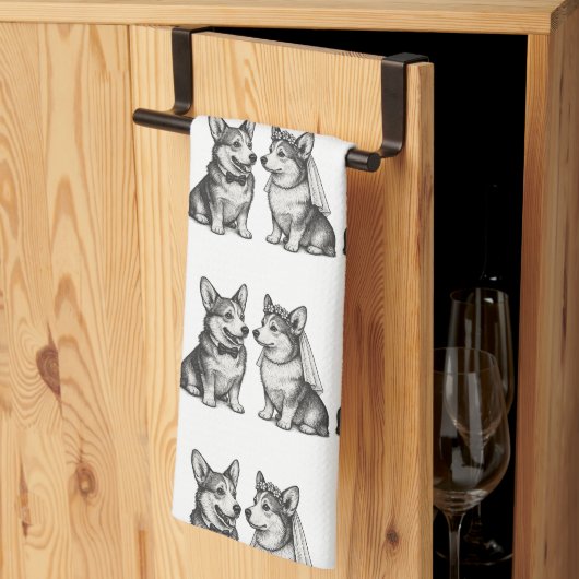 Zwart-wit grillige Corgi bruiloft Theedoek (Derde Gevouwen)