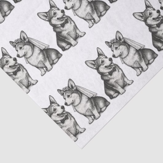 Zwart-wit grillige Corgi bruiloft Tissuepapier (Detail)