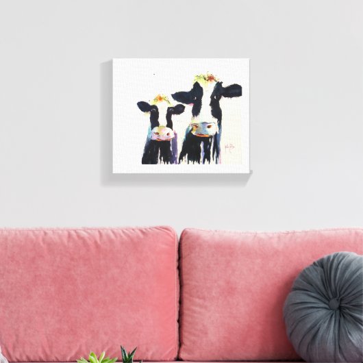Zwart-wit grillige koeien van Original Water Canvas Afdruk (Insitu (Woonkamer))