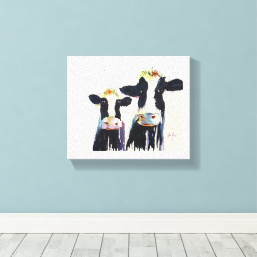 Zwart-wit grillige koeien van Original Water Canvas Afdruk (Insitu (Houten vloer))