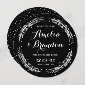 Zwart-wit grillige winter krans bruiloft save the date (Voorkant / Achterkant)