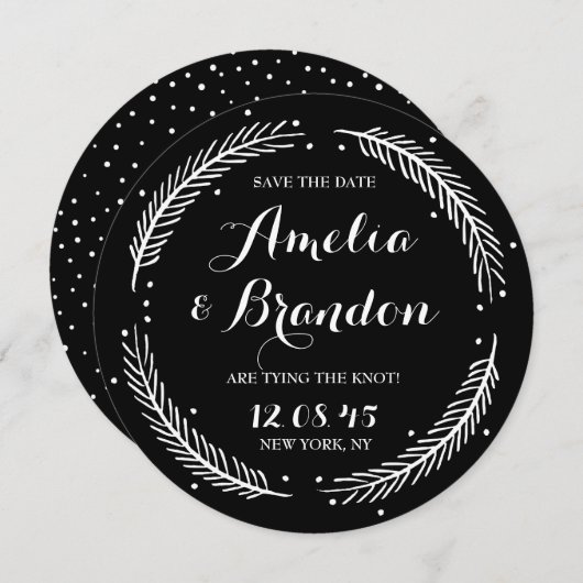 Zwart-wit grillige winter krans bruiloft save the date (Voorkant / Achterkant)