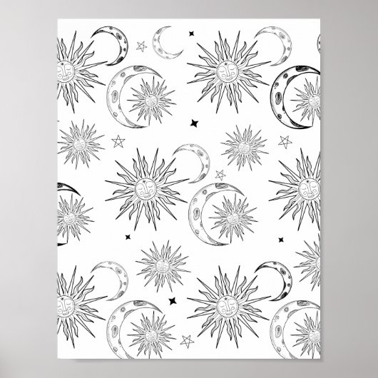 Zwart-wit grillige zon hemelse astrologie poster (Voorkant)