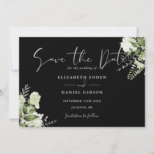 Zwart-wit groen bloemenfoto bruiloft save the date (Voorkant)