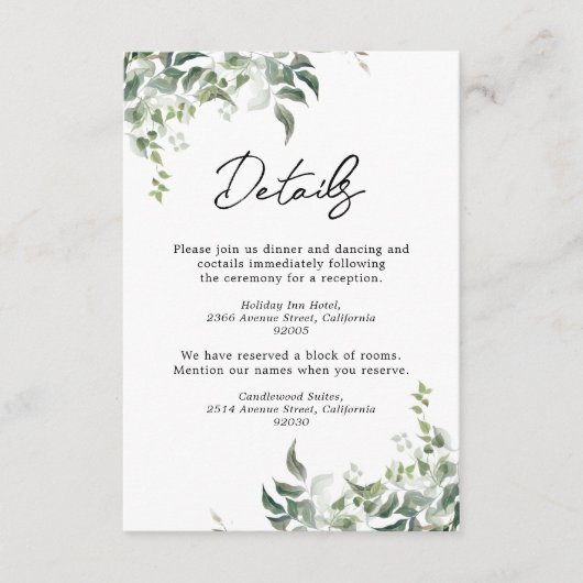 Zwart wit groen botanische Waterverf bruiloft Informatiekaartje (Voorkant)