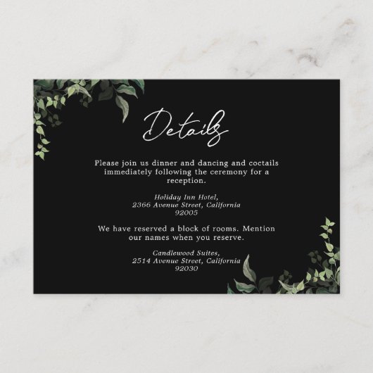 Zwart wit groen botanische Waterverf bruiloft Informatiekaartje (Voorkant)