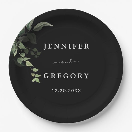 Zwart wit groen botanische Waterverf bruiloft Papieren Bordje (Voorkant)