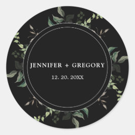 Zwart wit groen botanische Waterverf bruiloft Ronde Sticker