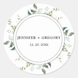 Zwart wit groen botanische Waterverf bruiloft Ronde Sticker