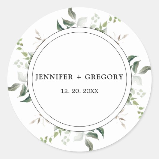 Zwart wit groen botanische Waterverf bruiloft Ronde Sticker (Voorkant)
