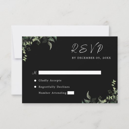 Zwart wit groen botanische Waterverf bruiloft RSVP Kaartje (Voorkant)