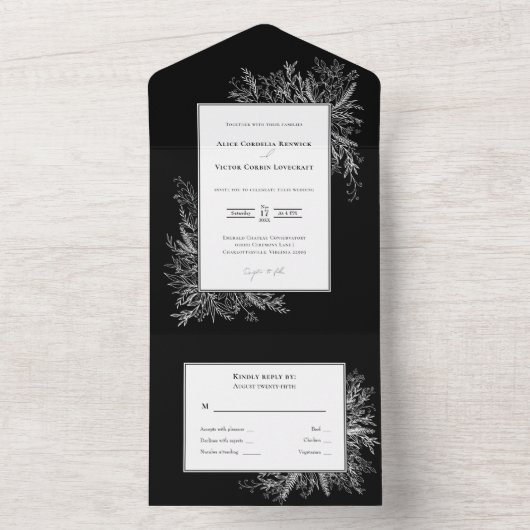 Zwart-wit groen bruiloft all in one uitnodiging (Binnen)