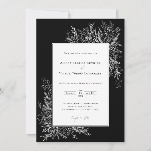 Zwart-wit groen bruiloft details en kaart (Voorkant)