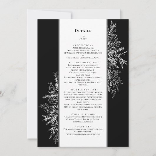 Zwart-wit groen bruiloft details en kaart (Achterkant)