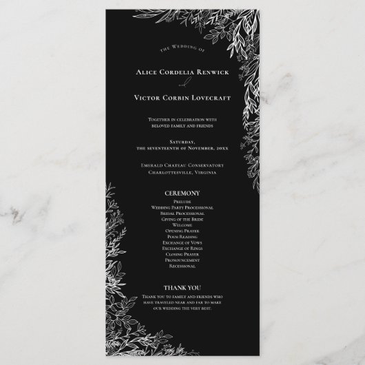 Zwart-wit groen Bruiloft Flat Programmakaart (Voorkant)