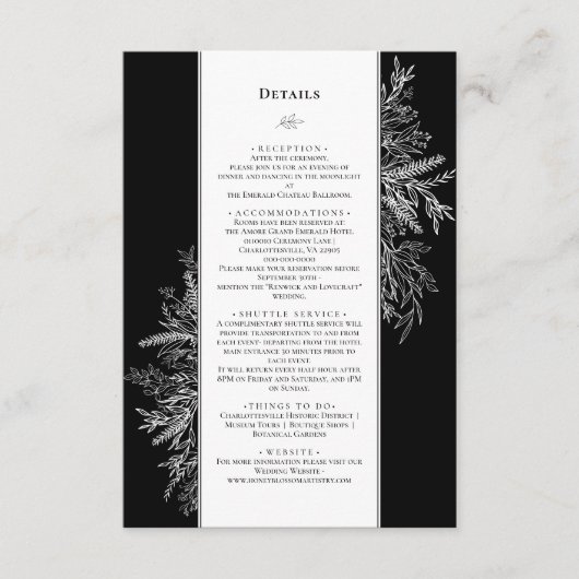 Zwart-wit groen bruiloft Monogram Details Informatiekaartje (Voorkant)