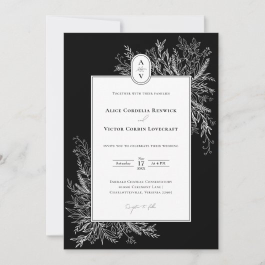 Zwart-wit groen Bruiloft Monogram Kaart (Voorkant)