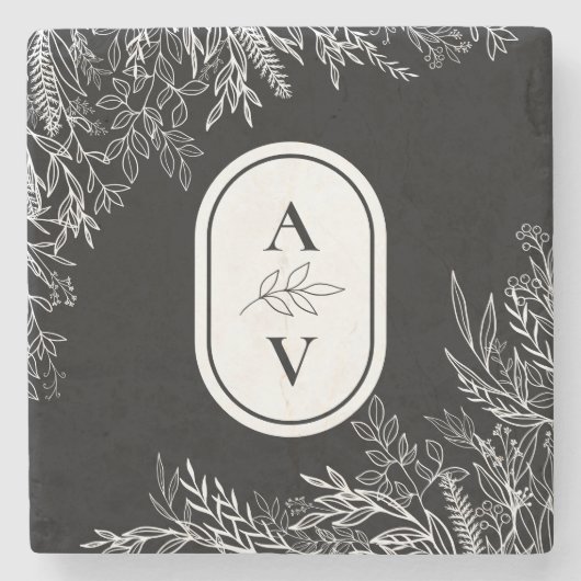 Zwart-wit groen Bruiloft Monogram Stenen Onderzetter (Voorkant)