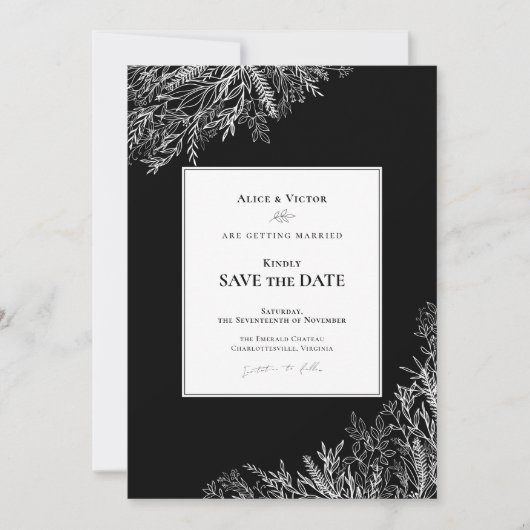 Zwart-wit groen bruiloft save the date (Voorkant)