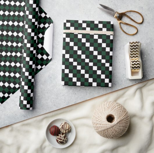 Zwart Wit Groen Checkerboard Geruit Cadeaupapier (Crafts)