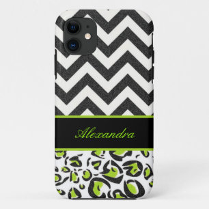 Zwart, wit, groen, Chevron, dierpatroon iPhone 11 Hoesje