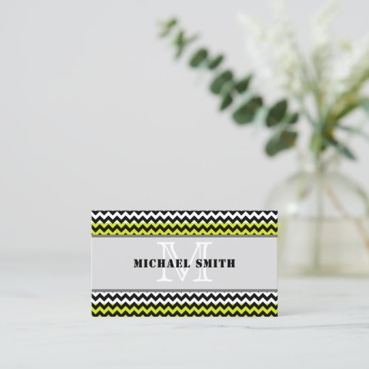 Zwart wit groen Chevron Zigzag Monogram Visitekaartje (Staand voorkant)