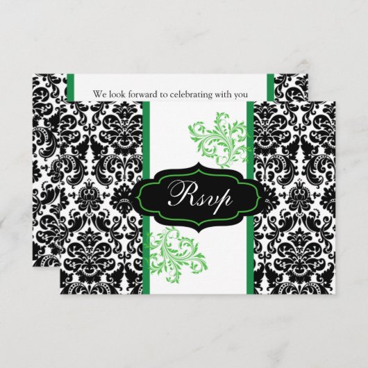 Zwart, Wit, Groen Damast Rol Huwelijk RSVP Kaart (Voorkant / Achterkant)