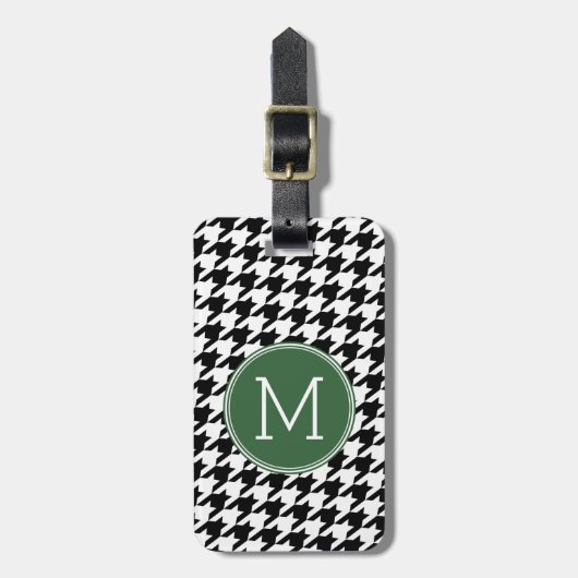Zwart Wit Groen Houndstooth Patroon Monogram Bagagelabel (Voorkant verticaal)