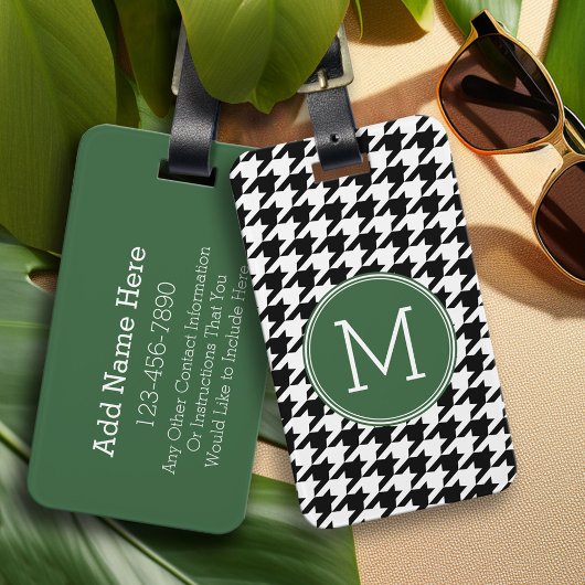 Zwart Wit Groen Houndstooth Patroon Monogram Bagagelabel