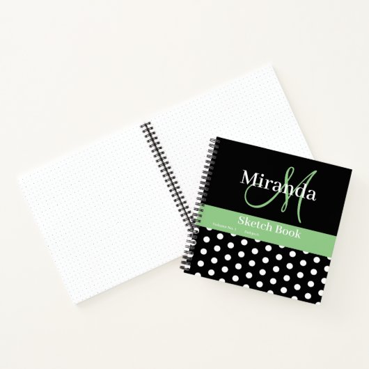 Zwart Wit Groen Monogram Polka Dots Schets Notitieboek (Binnen)