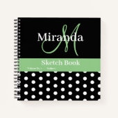 Zwart Wit Groen Monogram Polka Dots Schets Notitieboek (Voorkant)
