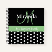 Zwart Wit Groen Monogram Script Polka Dot Recept Notitieboek (Voorkant)
