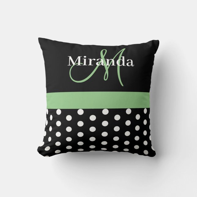 Zwart Wit Groen Monogram Script Polka Dots Kussen (Voorkant)