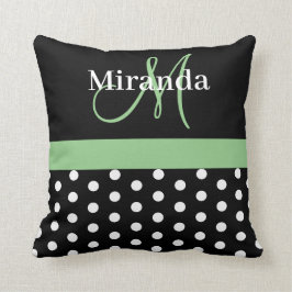 Zwart Wit Groen Monogram Script Polka Dots Kussen