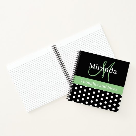 Zwart Wit Groen Monogram Script Polka Dots Notitieboek (Binnen)